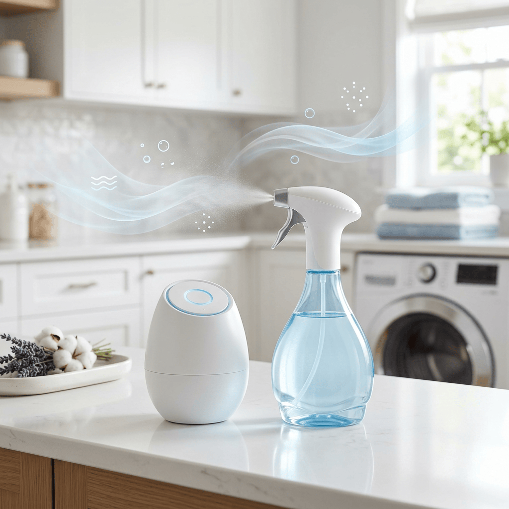 White spray bottle and diffuser on a kitchen counter